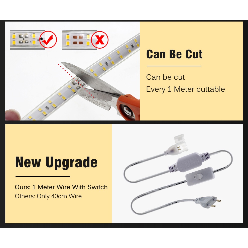 Dây Đèn LED 220V 2835 180LEDs / m 10W / m 6000K 4000K 3000K IP67 Chống Thấm Nước Có Công Tắc Tiện Dụng