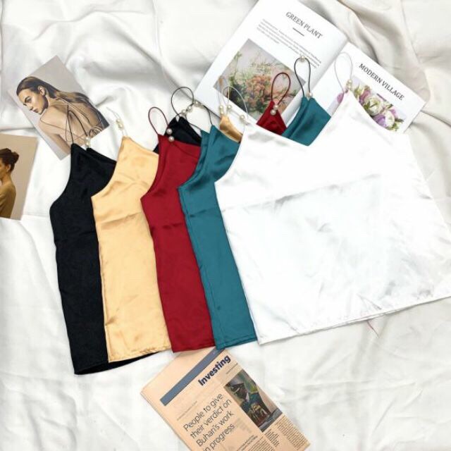 Áo Hai 2 Dây phi bóng lụa đính nút