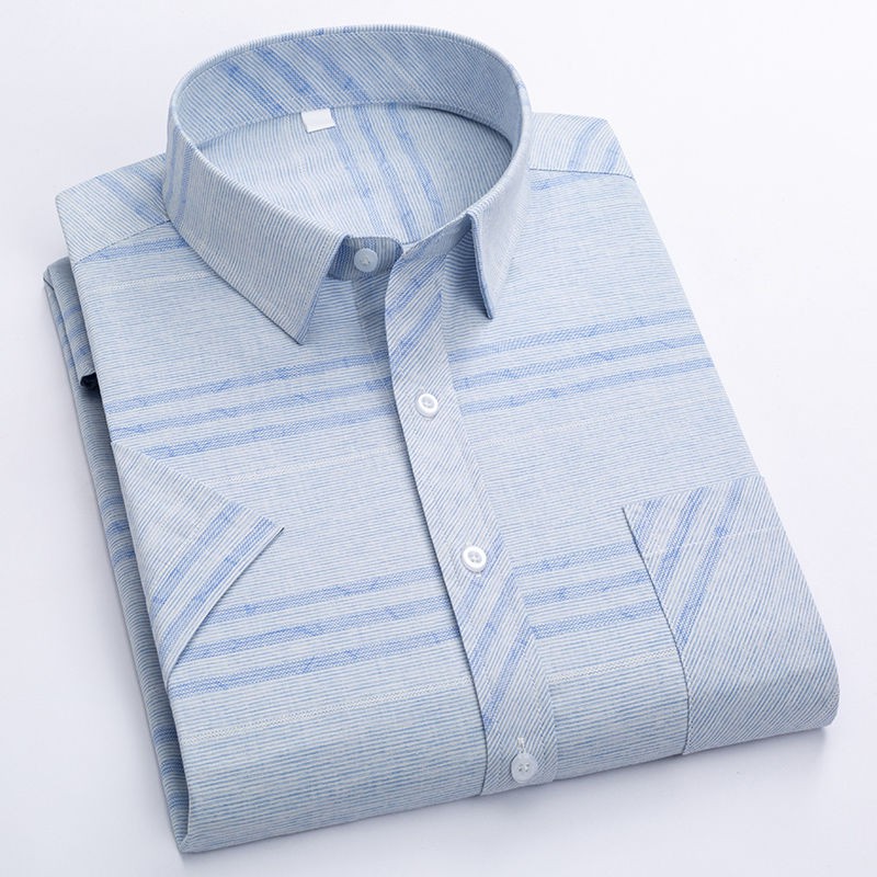 Middle aged fashion◊✲Áo sơ mi cộc tay giả vải lanh nam mùa hè mỏng kẻ sọc giản dị in họa tiết bố Trung Niên cỡ lớn
