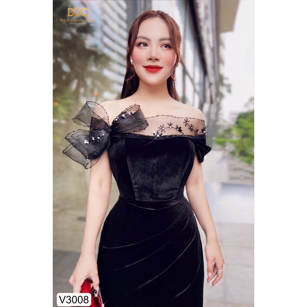 VÁY ĐEN NHUNG PHỐI REN NGỰC THIẾT KẾ CAO CẤP  V3008-DVC