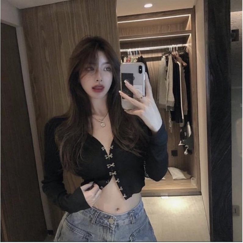Áo croptop kiểu nữ tay dài ôm sát body thun gân cúp ngực trơn đen - Order taobao quảng châu