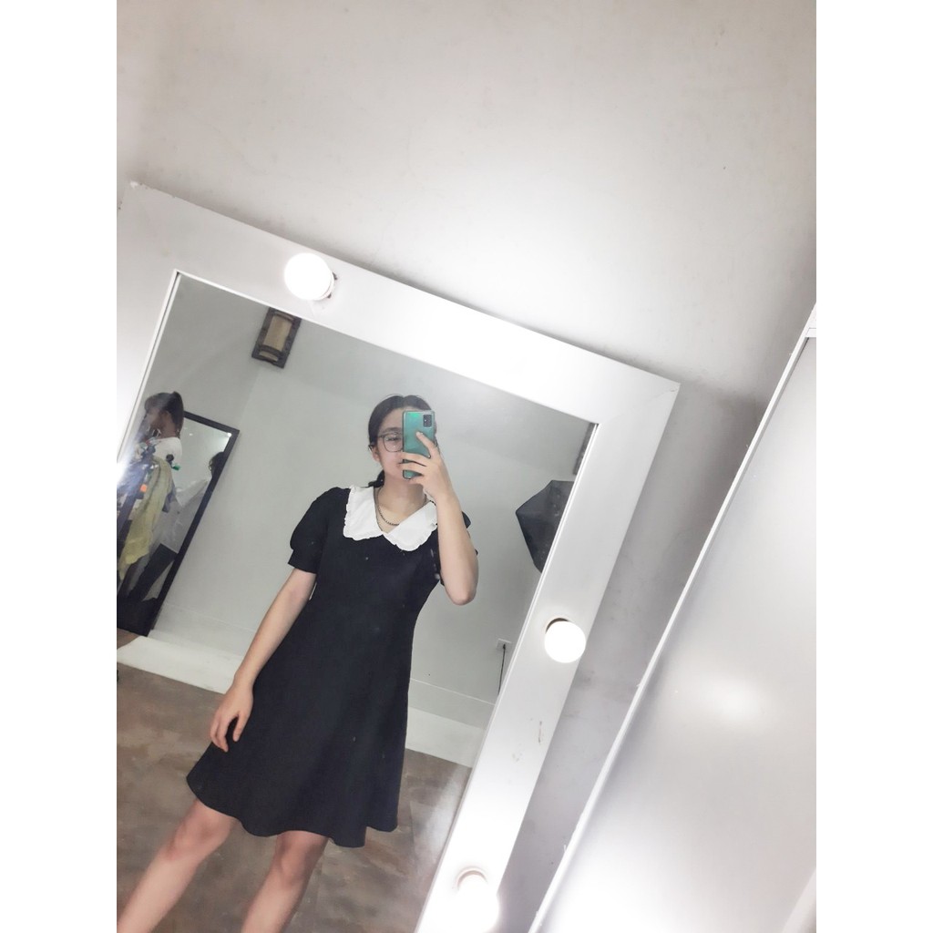 Váy Đen Dáng Ngắn Cổ Bèo Tiểu Thư Vintage Hàn Quốc | BigBuy360 - bigbuy360.vn