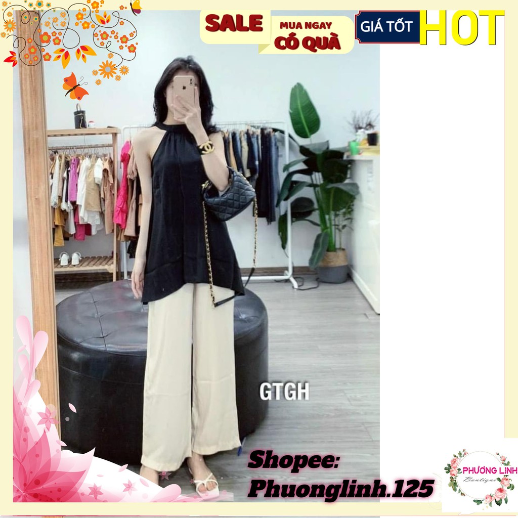SET ÁO LỤA NT ĐEN CỔ YẾM QUẦN BE | BigBuy360 - bigbuy360.vn