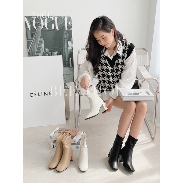 BEESHOES - BOOT NỮ DA MỀM MŨI VUÔNG - BOOT NỮ GÓT TRỤ CAO 7CM CÓ SẴN MÀU ĐEN - KEM - BE 211015
