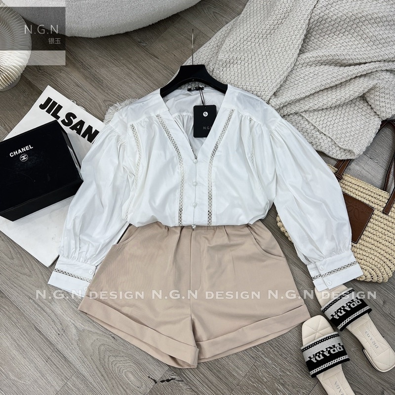 Sét sơ mi thô trắng + quần be