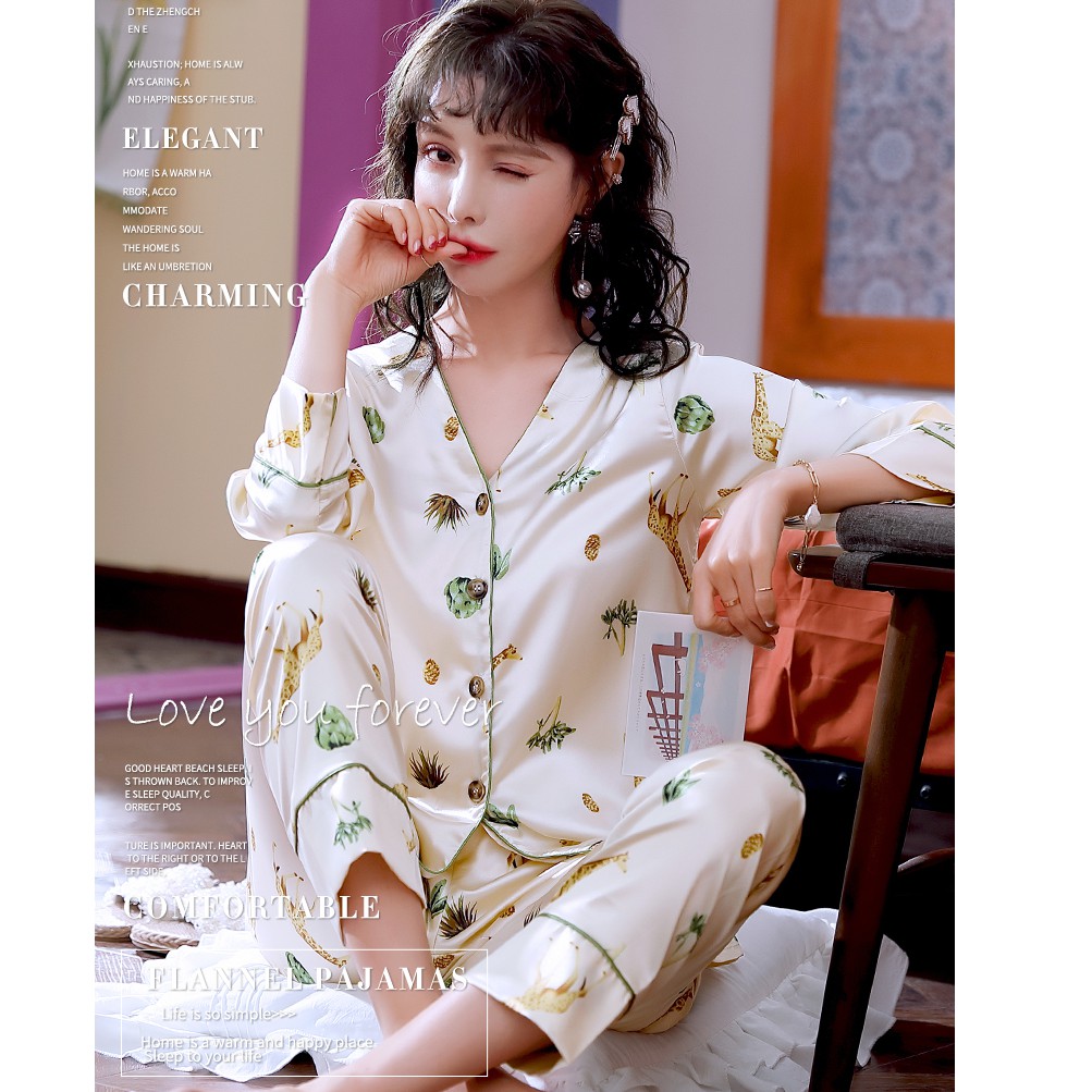 Pijama Lụa Satin Đẹp Tay Dài Quần Dài (42-78kg)  Đồ Ngủ Cổ V Dịu Dàng Cài KhuyIVY633