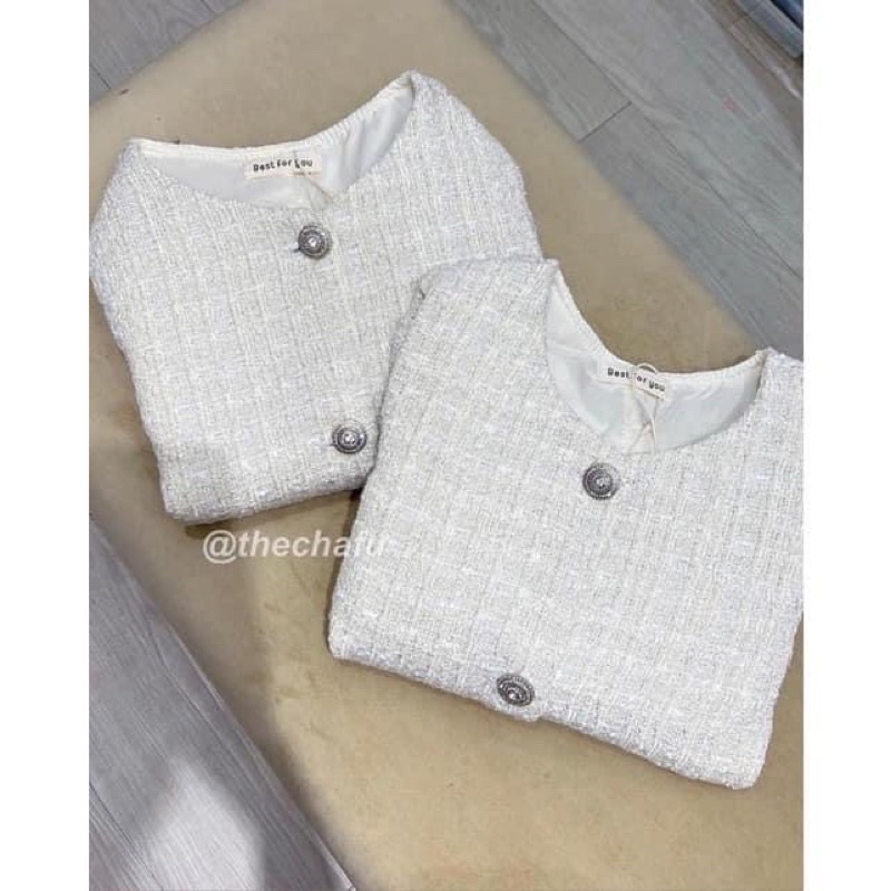 ÁO KHOÁC DẠ TWEED TIÊU KHUY ĐỒNG MÀU TRẮNG