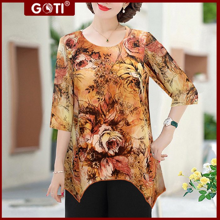 GOTI - Áo Trung Niên Nữ Dáng Suông Rộng Vải Voan 2 Lớp Tay Lỡ Tặng Mẹ U50 3A14 3A08
