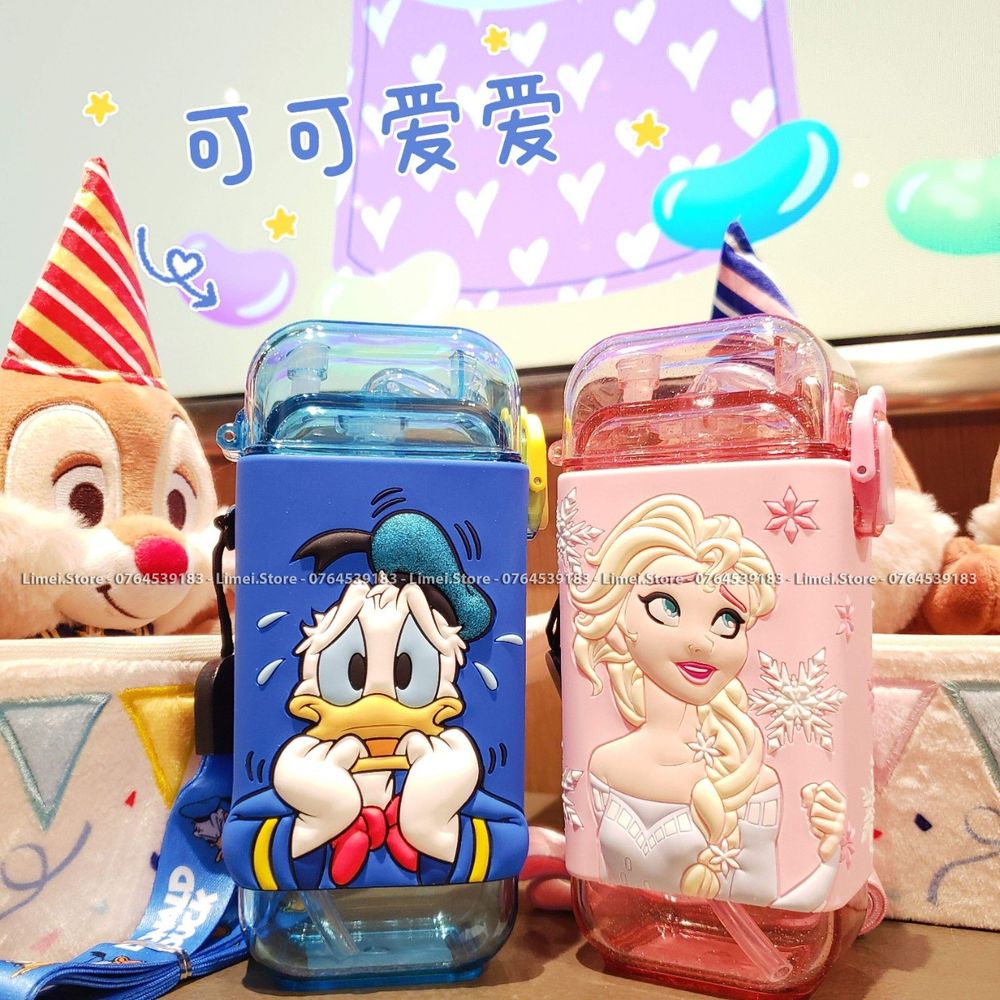 Bình nước ống hút nhựa tritan dáng chữ nhật Disney 3D Frozen Mickey Minnie Car95 280ml cho trẻ em 4443