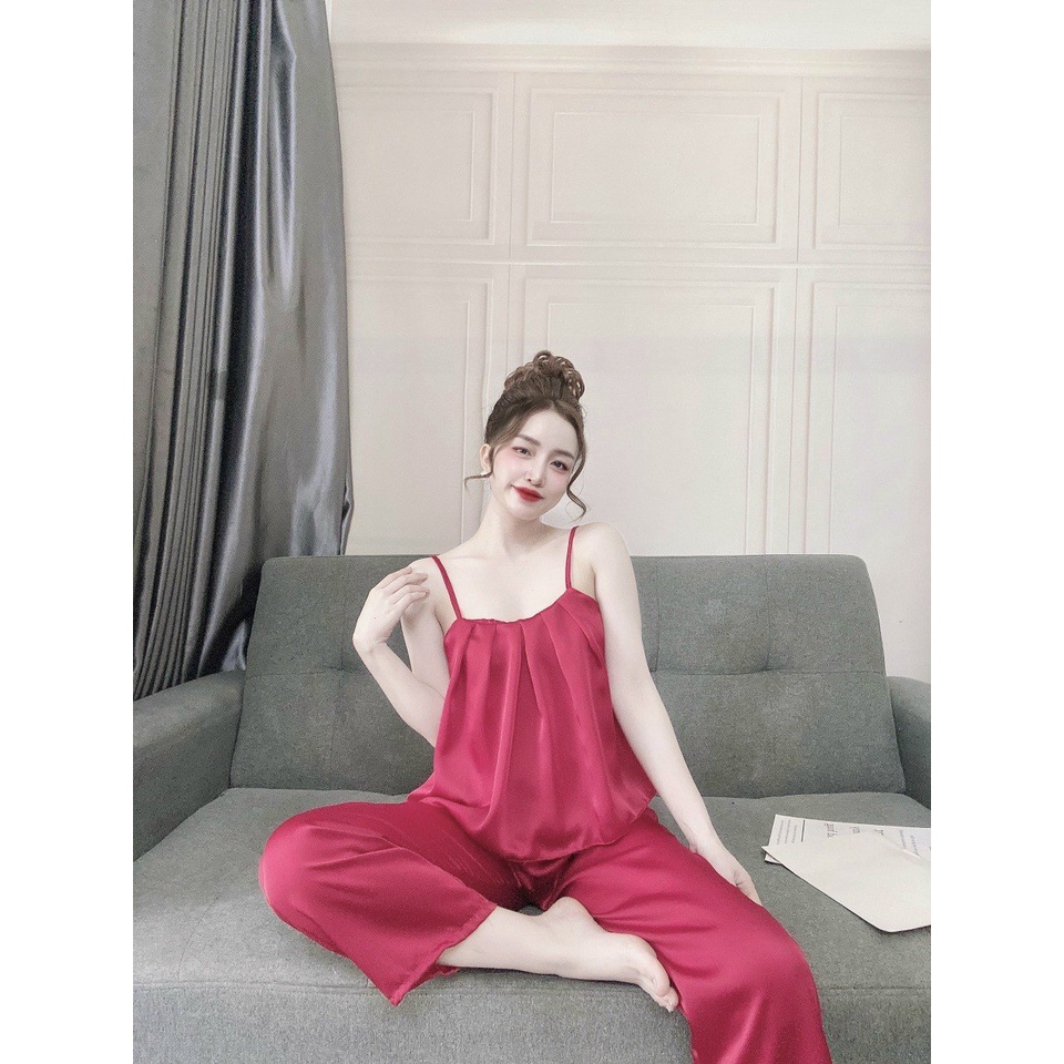 Đồ mặc nhà nữ đẹp, áo 2 dây kèm quần dài chất lụa satin đẹp, mát, ít nhăn, kiểu dáng thanh lịch, phom dưới 55kg | BigBuy360 - bigbuy360.vn