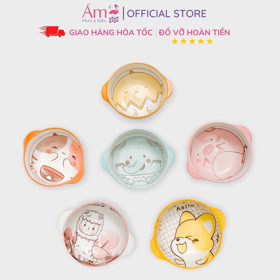 Bát Sứ Ăn Dặm Cho Bé Có Quai Cầm Ấm Baby Dung Tích 310ml Hình Động Vật Dễ Thương Ấm Gift Decor