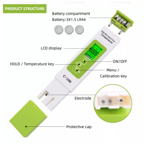 Máy kiểm tra chất lượng nước kỹ thuật số yieryi 5 trong 1 Tds/Ec/sg/độ mặn/nhiệt độ cho bể bơi bể cá nước uống