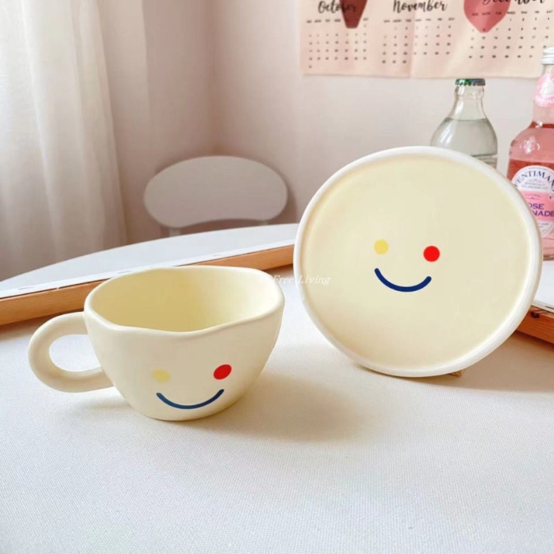 Bộ cốc và đĩa sứ 250ml in hình mặt cười dễ thương