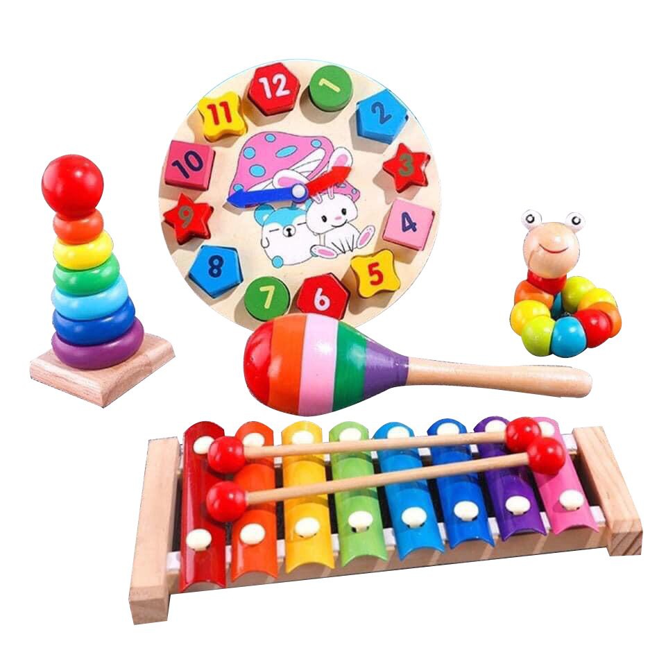 Bộ Đồ Chơi Giáo Cụ Montessori, Đồ Chơi Gỗ An Toàn Cho Bé: Đàn 8 Thanh, Xúc Xắc, Sâu Uốn Dèo,...