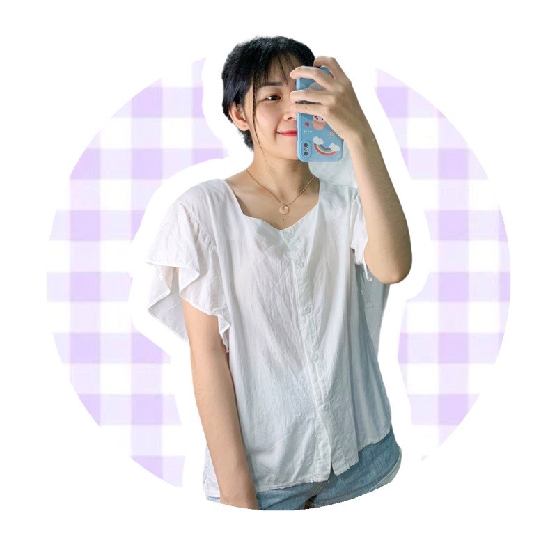 2hand Áo sơ mi trắng cổ vuông tay bèo