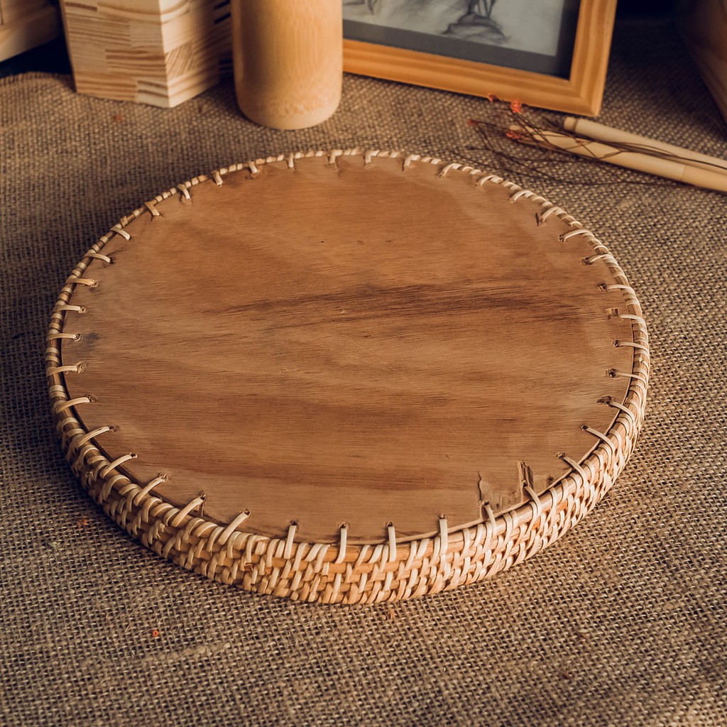 Khay tròn có quai bằng mây đế gỗ - Khay mây tròn-Wooden tea tray