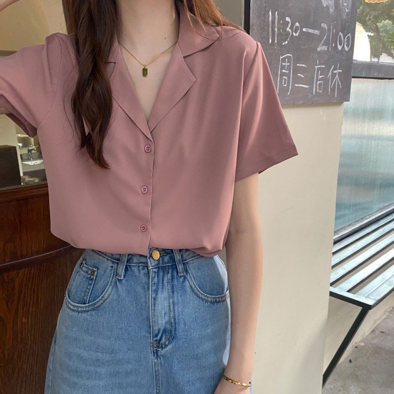 [ Rẻ - Đẹp ] Áo sơ mi kiểu công sở tay ngắn cổ vest nữ form rộng đẹp 6 màu  vintage Hàn Quốc