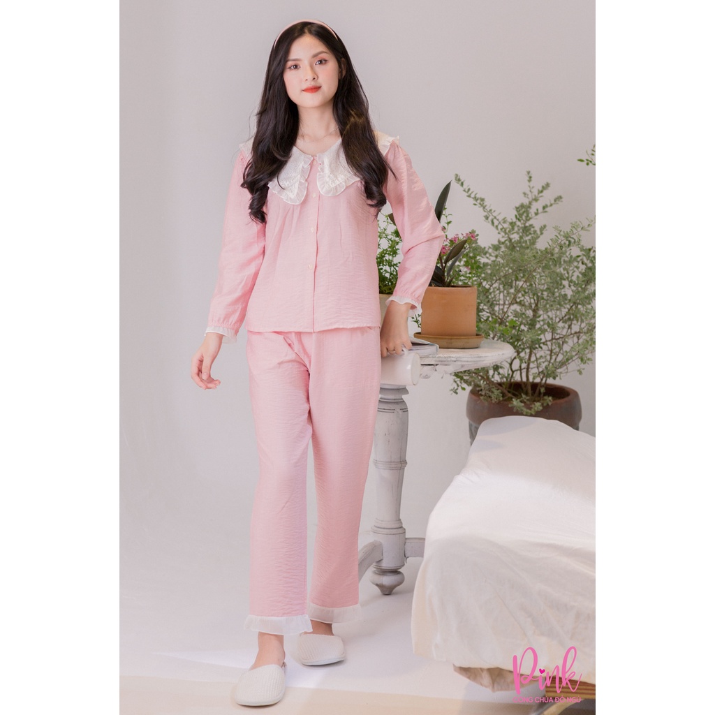 Bộ Ngủ Pijama Hồng Tay Dài Quần Dài Trẻ Trung Vải Đũi Siêu Cấp  Đồ Ngủ Nữ Dễ Thương Nữ Tính Thời Trang