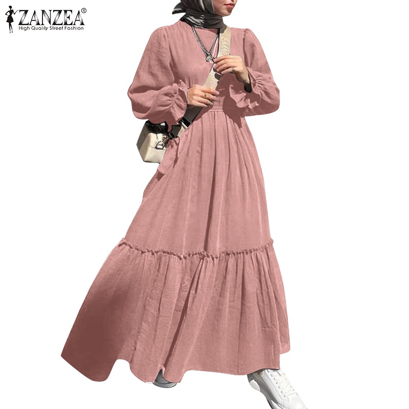 Đầm maxi ZANZEA dài tay phối bèo nhún màu trơn cho phụ nữ hồi giáo