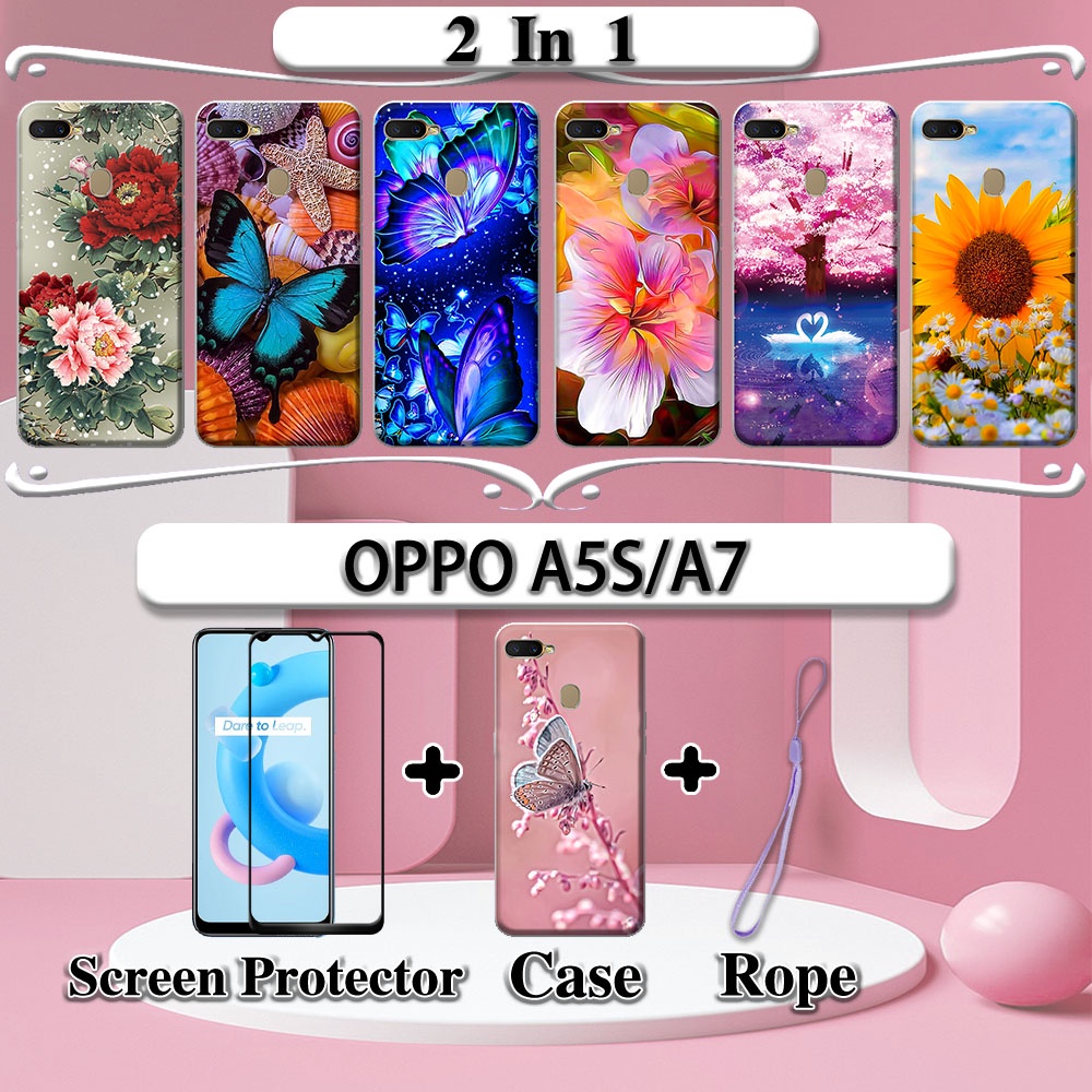 Ốp Lưng Kết Hợp Kính Cường Lực 2 Trong 1 Họa Tiết Hoa Xinh Xắn Cho OPPO A5S A7