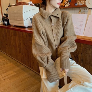 Áo len nữ đẹp, Áo khoác len nữ đính khuy cổ cao, Ống tay dài rộng bo chun khỏe khoắn
