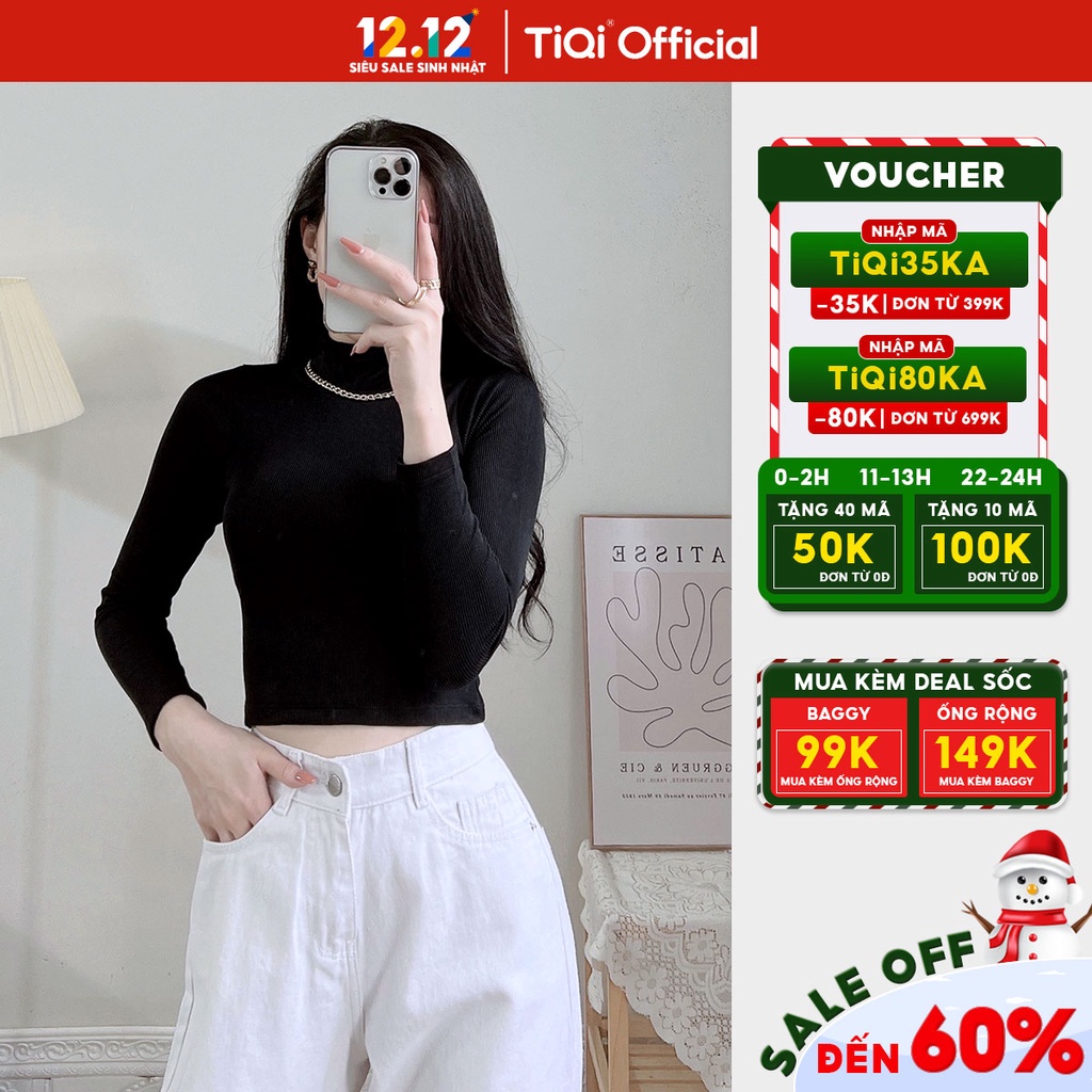 Áo croptop cổ lọ vải thun cotton tay dài trắng đen nude TiQi Jeans A133