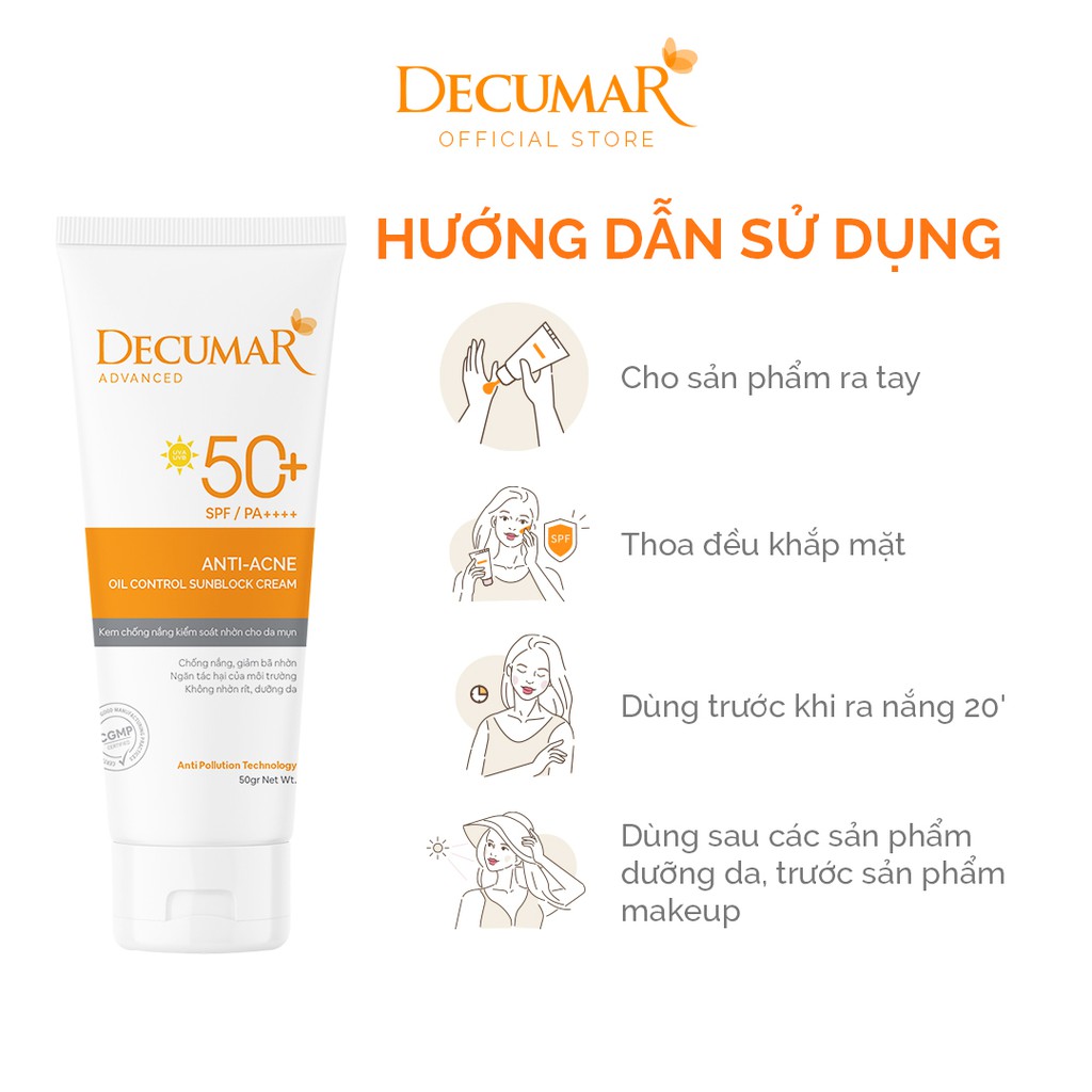 Kem Chống Nắng KIỂM SOÁT NHỜN cho da mụn Decumar Advanced Sunblock SPF50 (50gr)