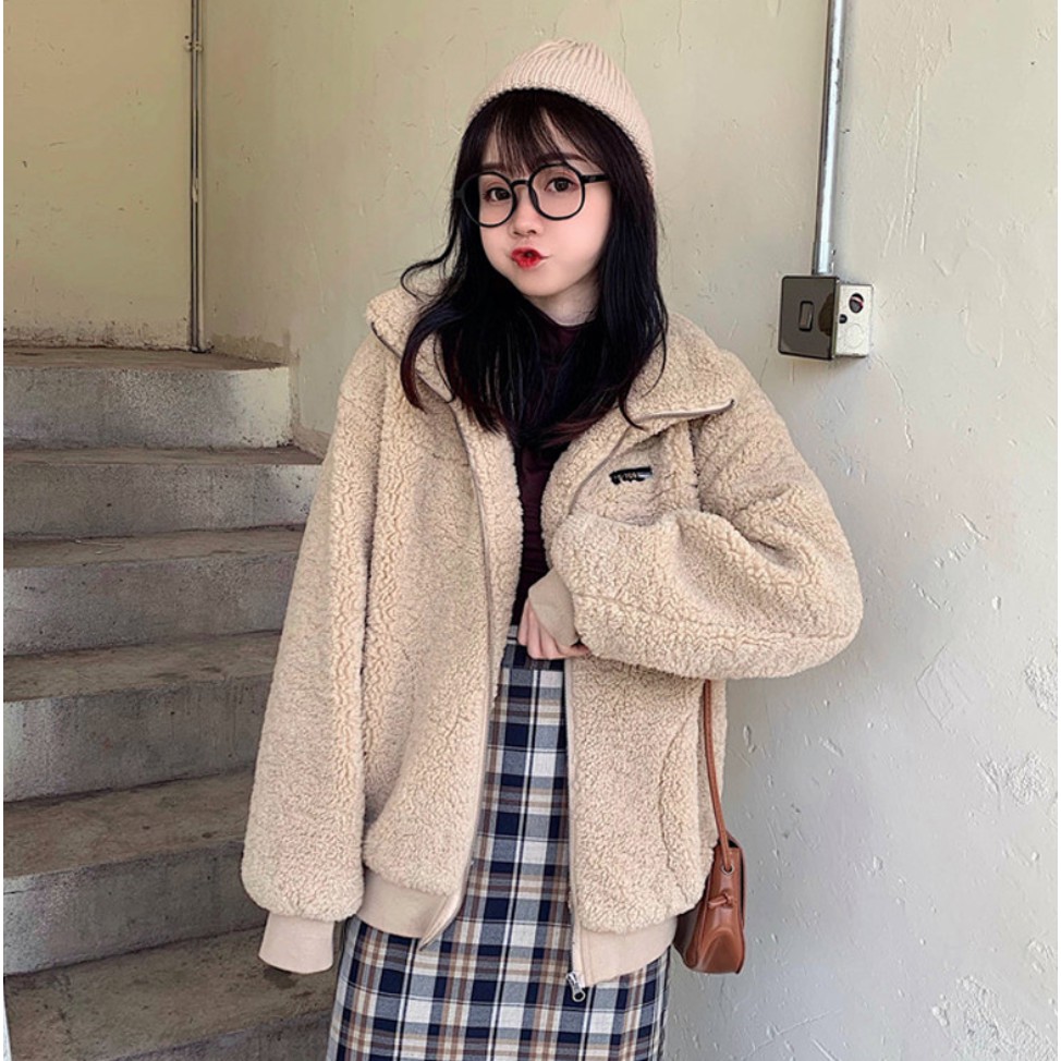 Áo Khoác nữ form rộng, áo khoác lông cừu Ulzzang nữ cổ đứng màu be | BigBuy360 - bigbuy360.vn