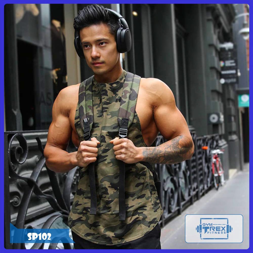 Áo tanktop tập gym nam vạt bầu BUTZ SP102, Áo ba lỗ gym thun lưới siêu thoáng [Gym T-Rex]