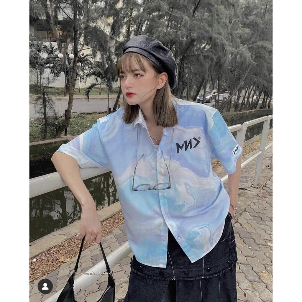 Áo sơ mi nam nữ oversize loang màu xanh in chữ MNY cực hot