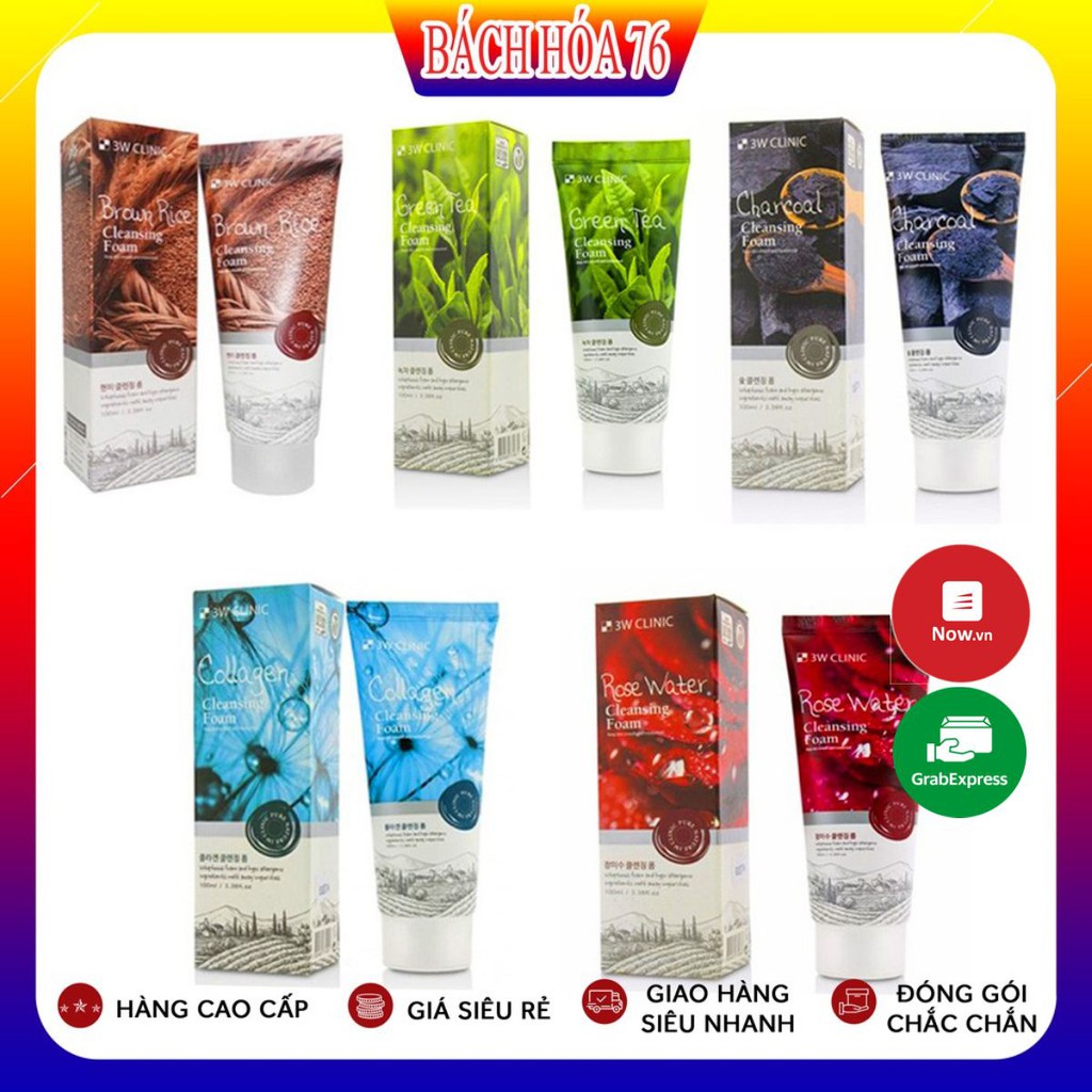 Sữa rửa mặt 3W Clinic Hàn Quốc mẫu mới nhiều loại Trà Xanh/ Collagen/ Hoa Hồng/ Than Hoạt Tính/ Gạo 100ml Bách Hóa 76