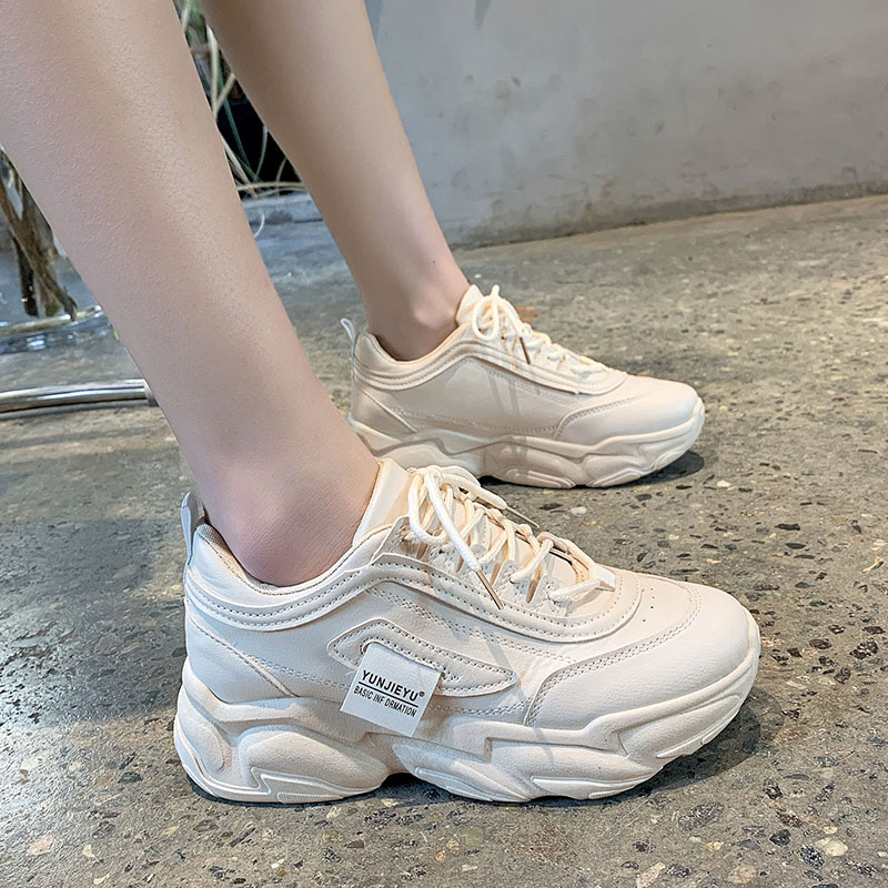 Giày thể thao nữ Yunji có 2 màu trắng kem da mềm đế độn cao 5 cm phong cách ulzzang hàn quốc giá rẻ 2021