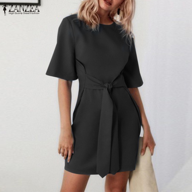 Đầm ZANZEA tay ngắn cổ tròn thắt nơ phong cách đường phố châu Âu thời trang dành cho nữ