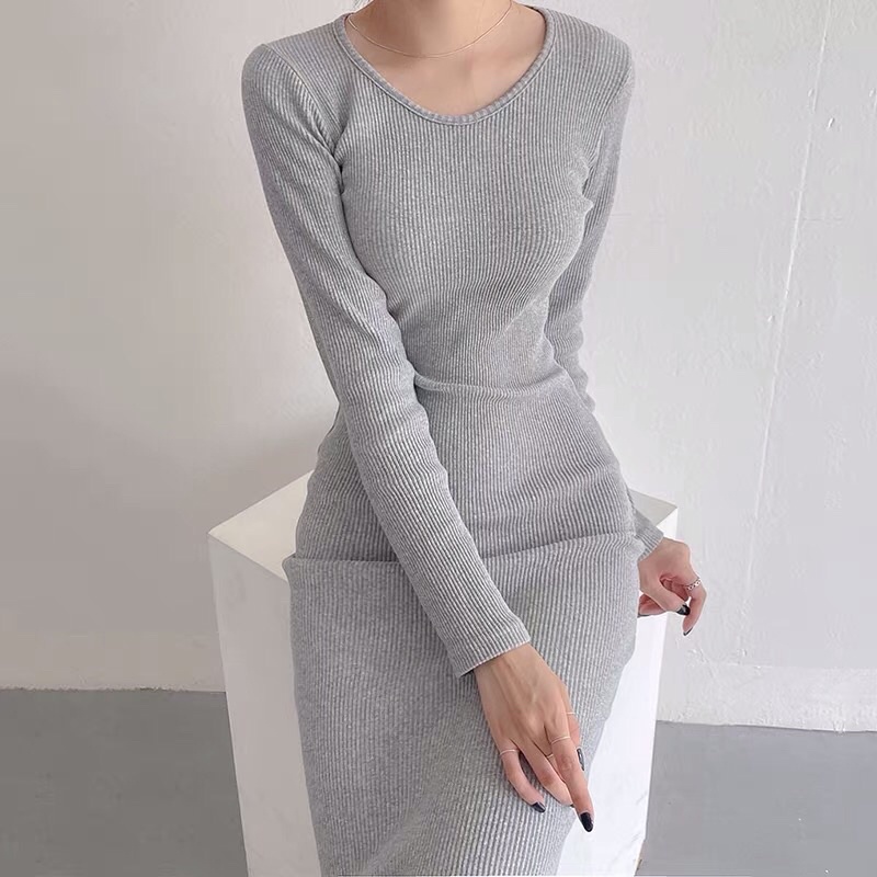 Váy len gân body cổ tròn style nhẹ nhàng thời trang thu đông