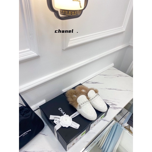 giày sục nữ vải len nguyên chất màu phối lông nhẹ 𝘾𝙝𝙖𝙣𝙚𝙡 CN 𝘾𝙝𝙖𝙣𝙚𝙡