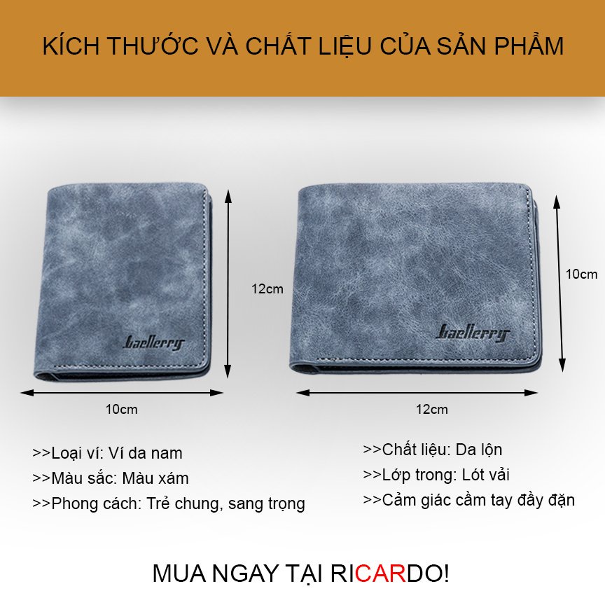 Ví nam da lộn Baellerry cao cấp, Ví da nam dáng đứng đựng tiền và thẻ mini nhỏ gọn có hộp đẹp chất - V101