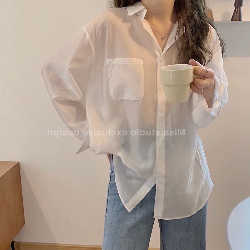 Áo Sơ Mi Chiffon Mỏng Tay Dài Màu Trắng Trong Suốt Dành Cho Nữ