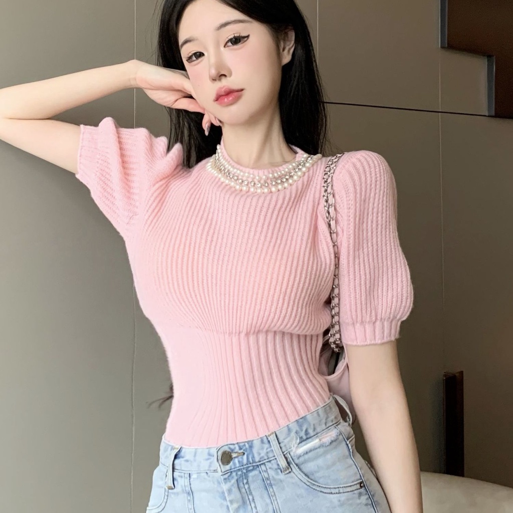 Áo kiểu dáng ngắn tay phồng thời trang mùa hè màu hồng ngọt ngào dành cho nữ