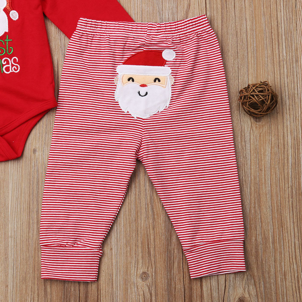 Set áo liền quần + quần dài + mũ trùm đầu họa tiết Giáng sinh cho bé trai + bé gái sơ sinh từ 0-2 tuổi