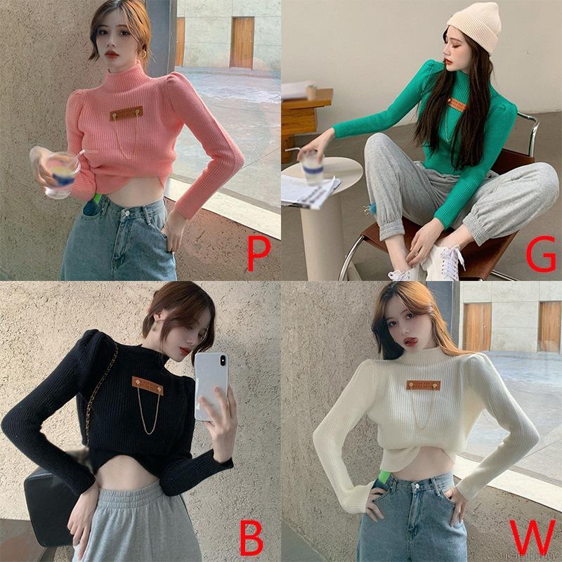 Áo Croptop Dệt Kim Tay Dài Thiết Kế Cổ Lọ Thanh Lịch