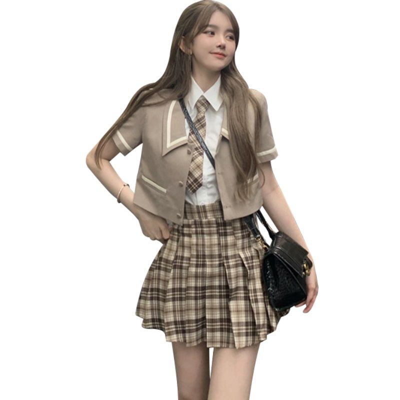 Cổ Phiếu Sẵn Sàng❣Bộ Trang Phục Hai Mảnh Gồm Áo Sơ Mi Cổ POLO Tay Ngắn Phong Cách Preppy Kèm Cà Vạt + Chân Váy Xếp Ly 2022 Thời Trang Mùa Hè Cho Bạn Gái