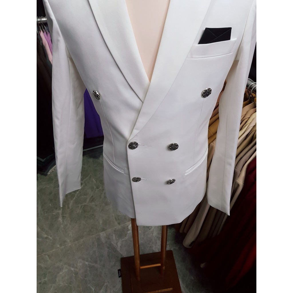 Bộ vest nam ôm body 6 nút màu trắng lịch lãm + cà vạt kẹp