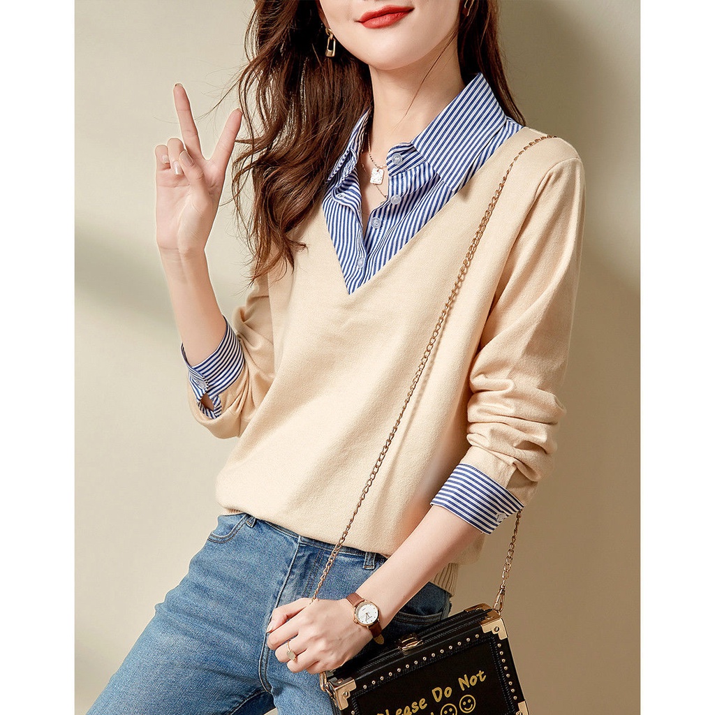 Áo Sơ Mi Tay Dài Cổ Bẻ Họa Tiết Kẻ Sọc Thời Trang Xuân Thu Hàng Mới Dành Cho Bạn Nữ