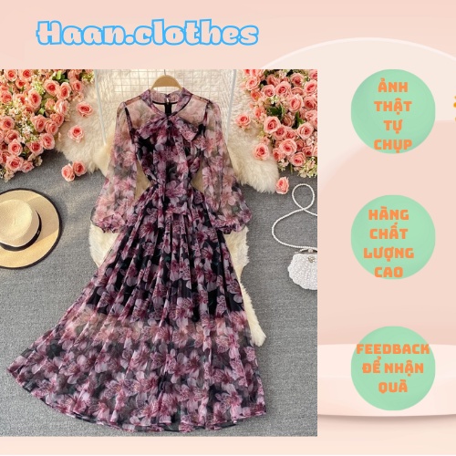 Đầm tay dài dáng suông hoa nhí 2 lớp đủ size siêu xinh