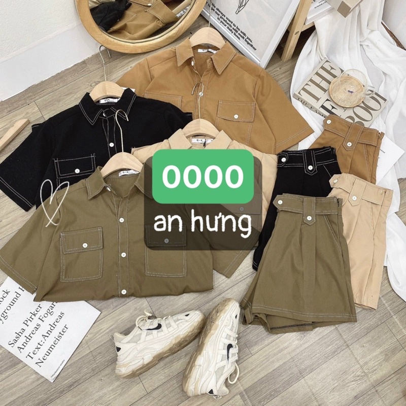 [ẢNH THẬT] SET KAKI VIỀN CHỈ ÁO SƠ MI PHỐI TÚI HỘP KÈM QUÂNG SHORT ĐAI NGANG