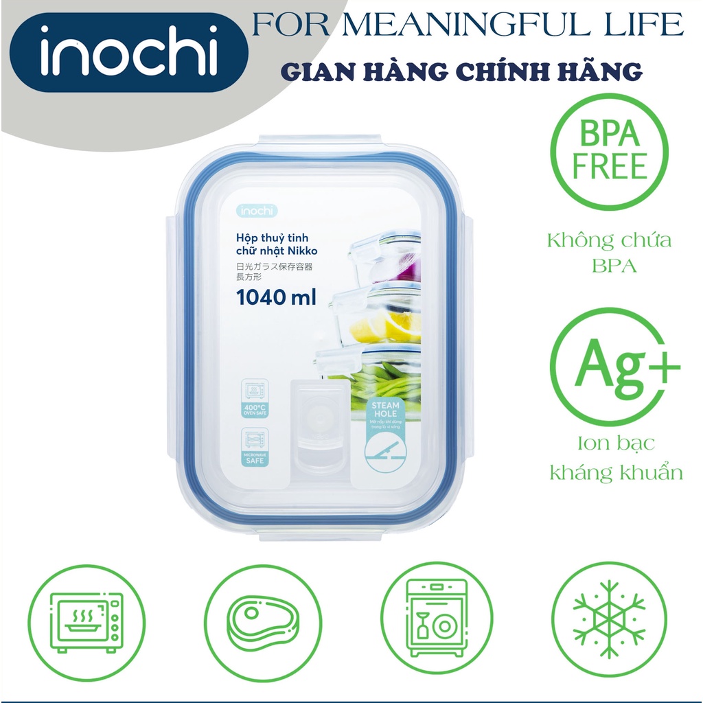Hộp thuỷ tinh chữ nhật Inochi Nikko 1040 ml chịu nhiệt 400 độ C, đựng cơm văn phòng không rỉ nước