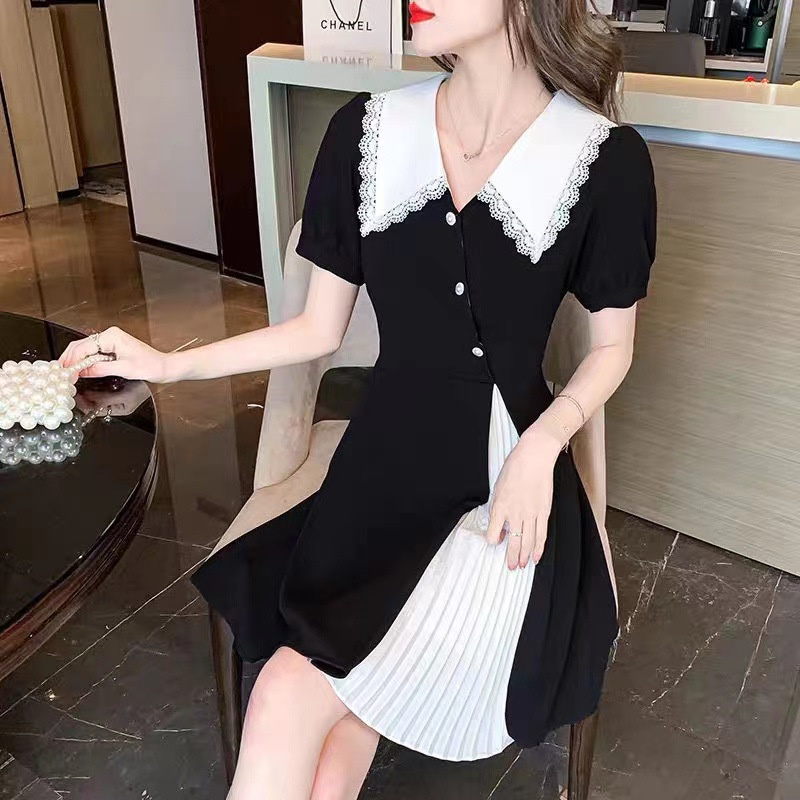 Đầm Midi Màu Đen Cổ Polo Phong Cách Pháp Thời Trang Mùa Hè 2022 Cho Nữ