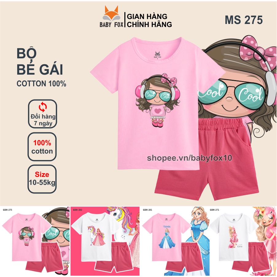 Bộ thun bé gái 100% cotton loại tốt, thương hiệu BABY FOX, in hình công chúa, size nhỏ, trung, đại e