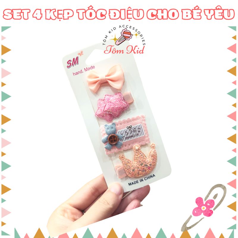 Set 4 kẹp tóc hình Nơ điệu cho bé gái NPP Baby Tôm