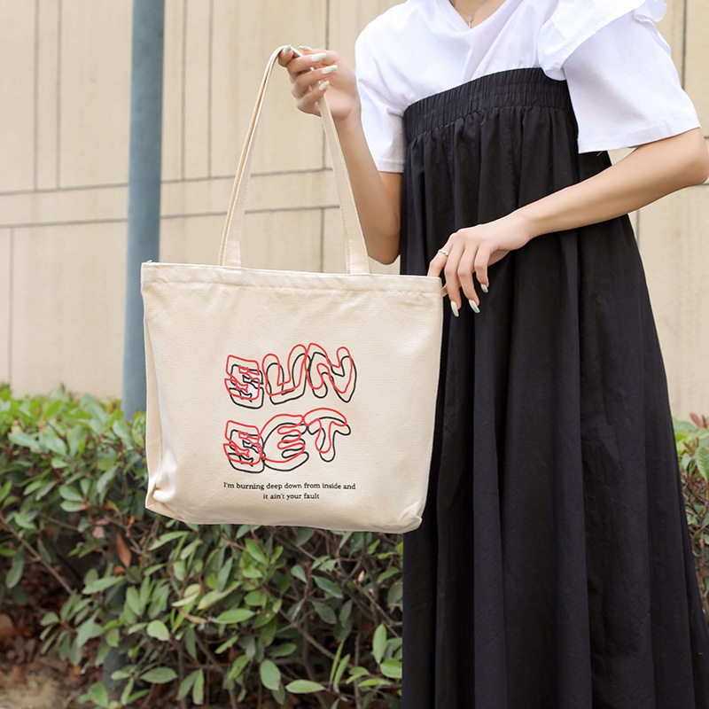 Túi Tote Vải Canvas Nữ Sunset  phong cách Ulzzang In  Có Khóa Kéo chất liệu dày dặn